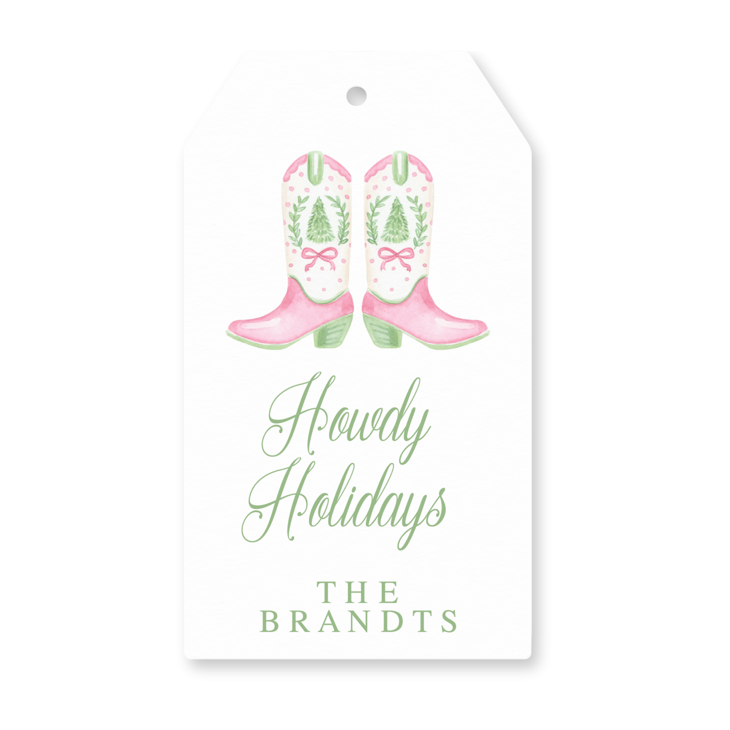 a tag with a pair of pink boots on it