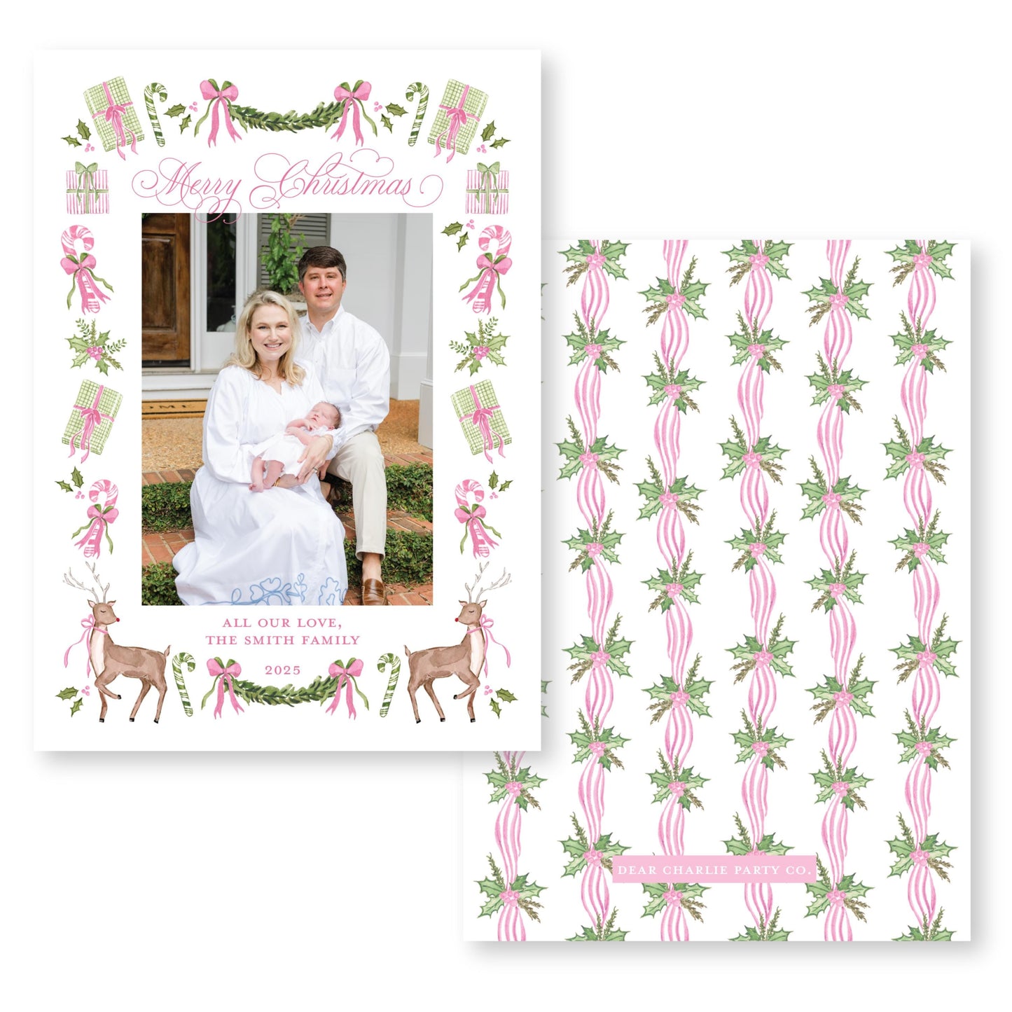 Exclusive Art | Reindeer and Ribbons, Pink Holiday Card | 5x7 Holiday Photo Card with Envelope
