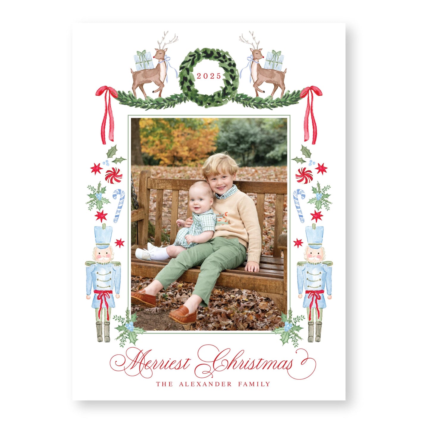 Exclusive Art | Reindeer, Nutcrackers and Ribbons Blue | 5x7 Holiday Photo Card with Envelope