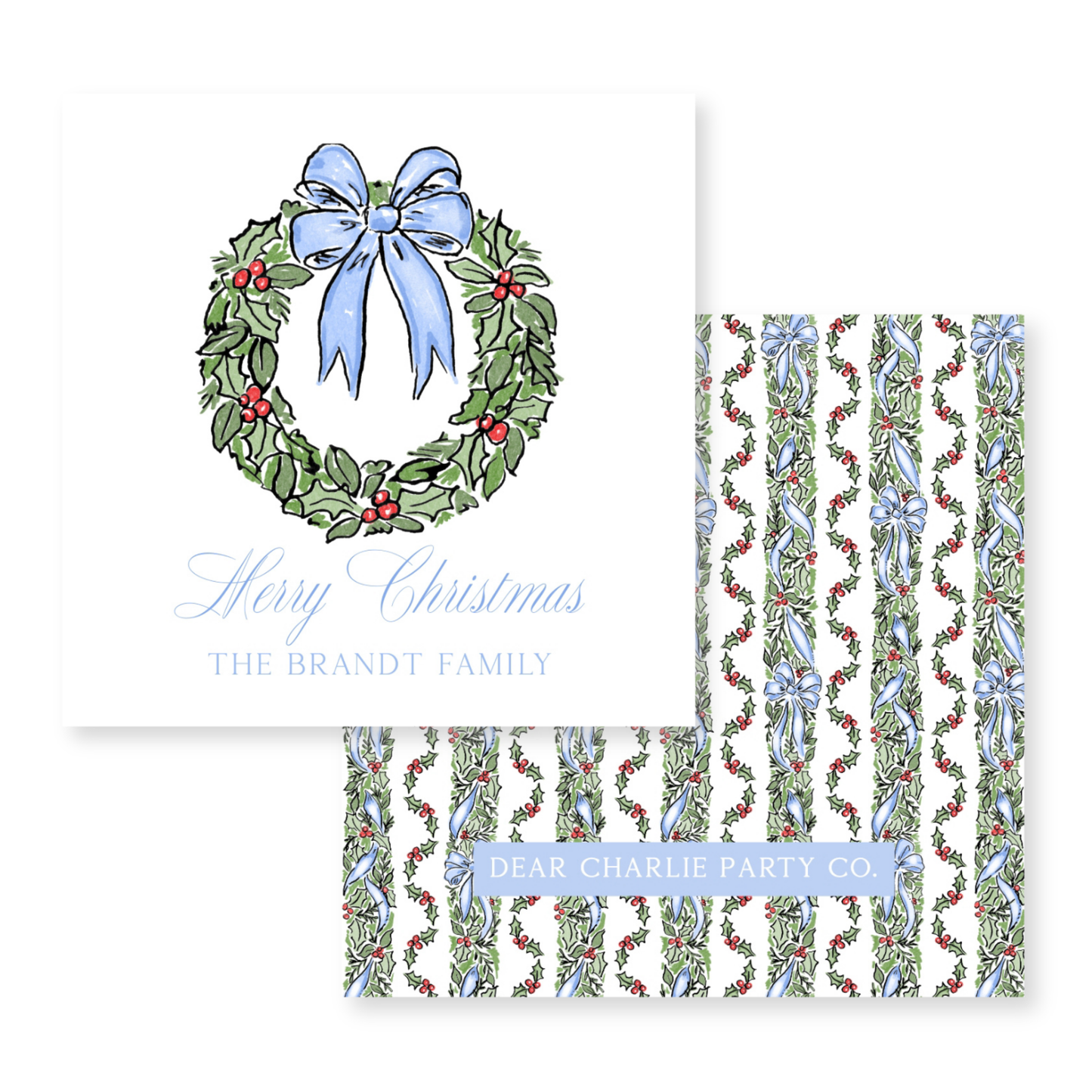 a christmas card with a blue bow and holly wreath