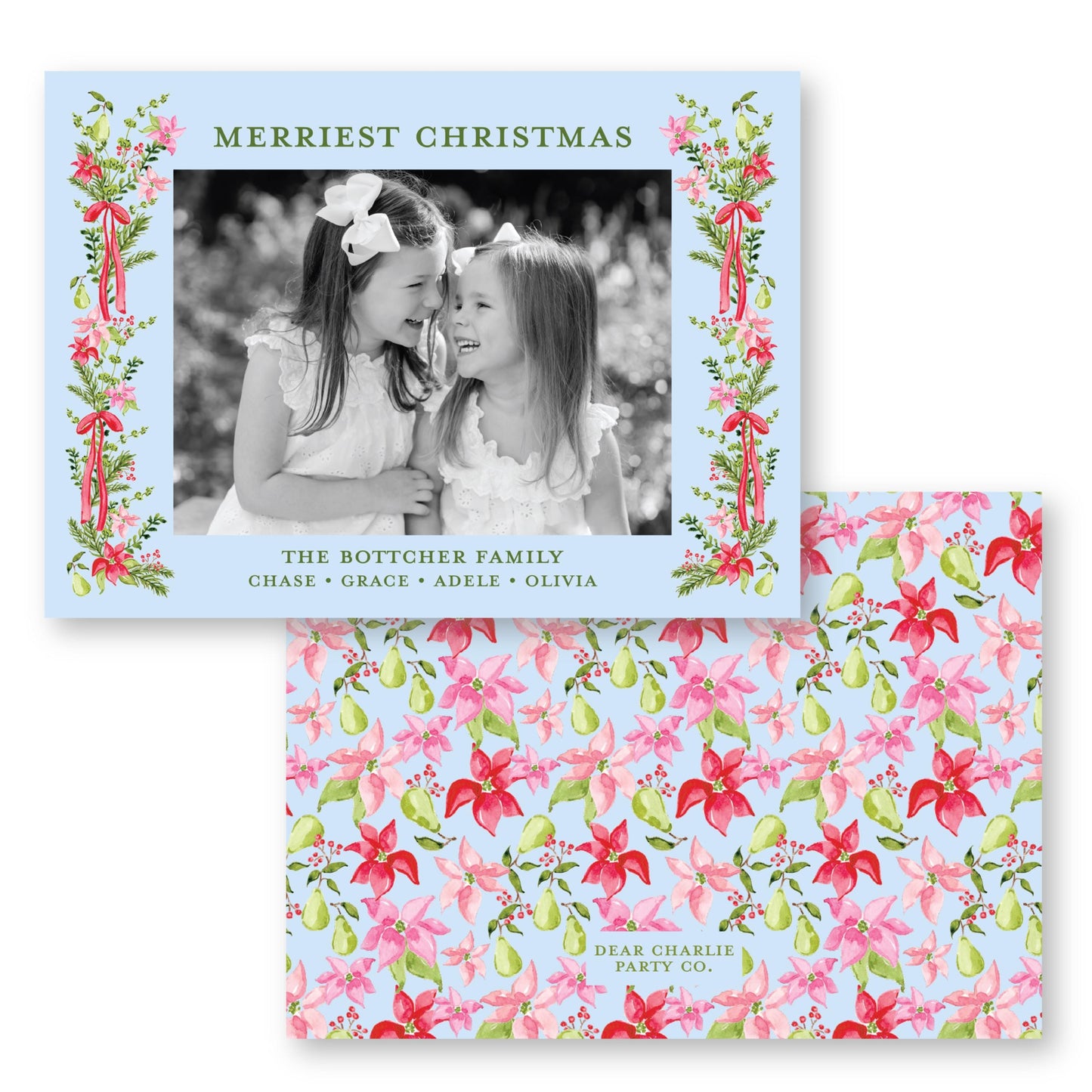 Petals and Pears Frame Blue Horizontal Card | 5x7 Holiday Photo Card with Envelope