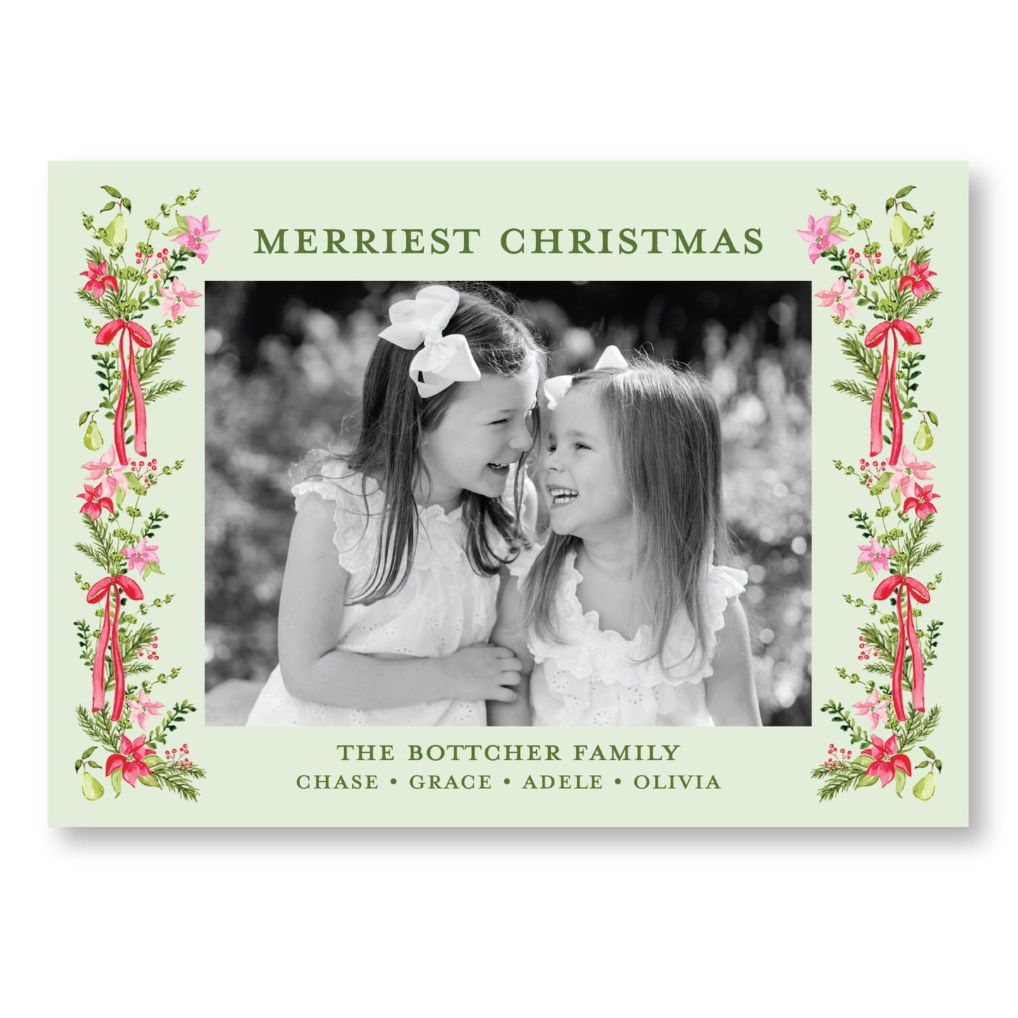 Petals and Pears Frame Green Horizontal Card | 5x7 Holiday Photo Card with Envelope