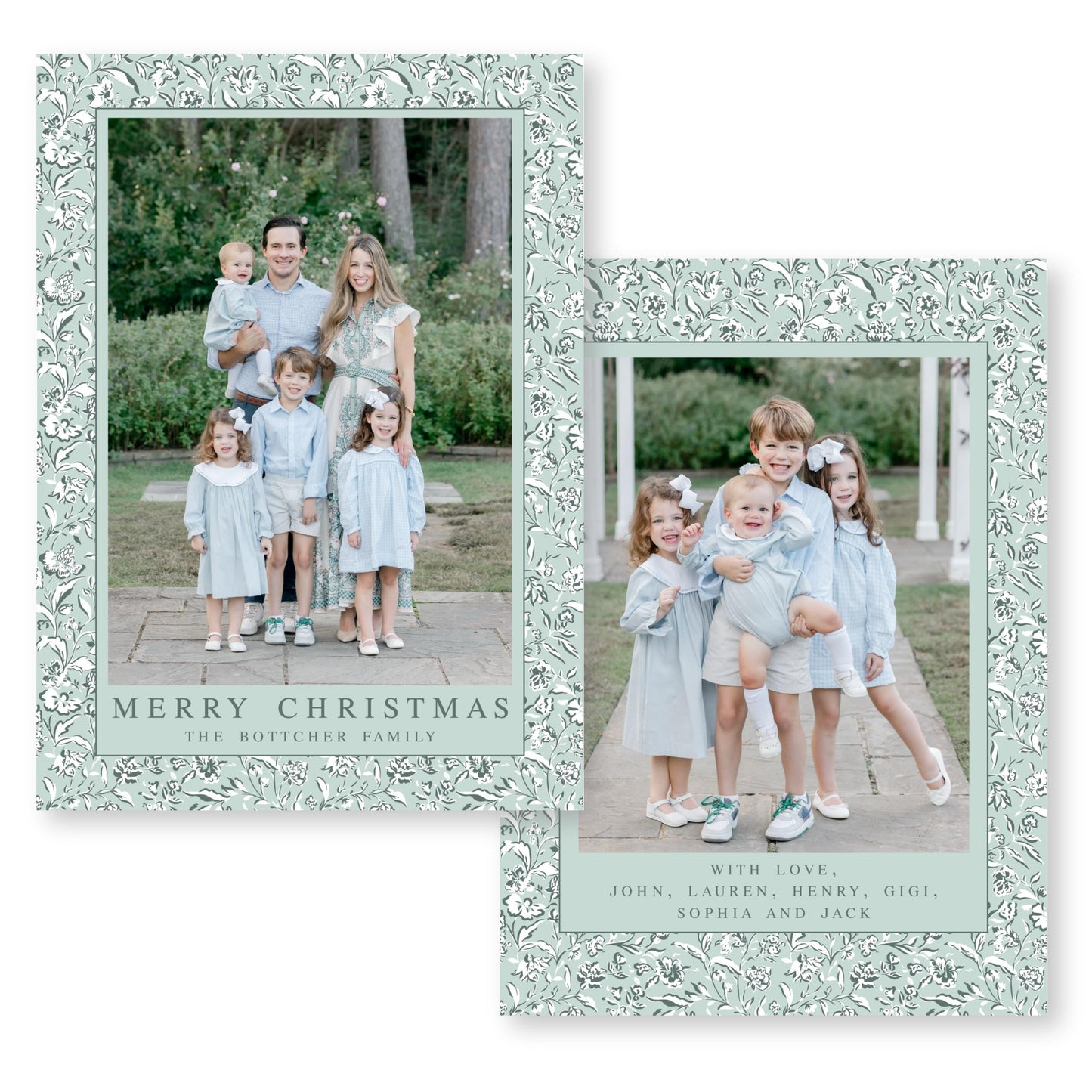 The image is a collage of two photos featuring a family of six, including a man, a woman, and their four children, all dressed in light blue outfits. The photos are framed with a floral pattern and include text that reads "Merry Christmas" and "The Botcher Family" along with a message expressing love and appreciation for the family.