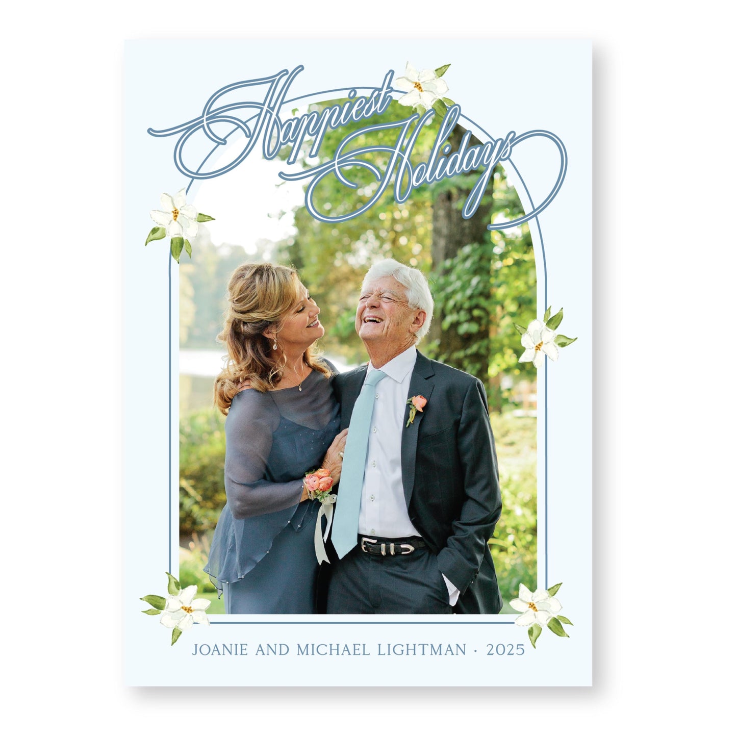 Merry Magnolias Arch in Blue, | 5x7 Holiday Photo Card with Envelope