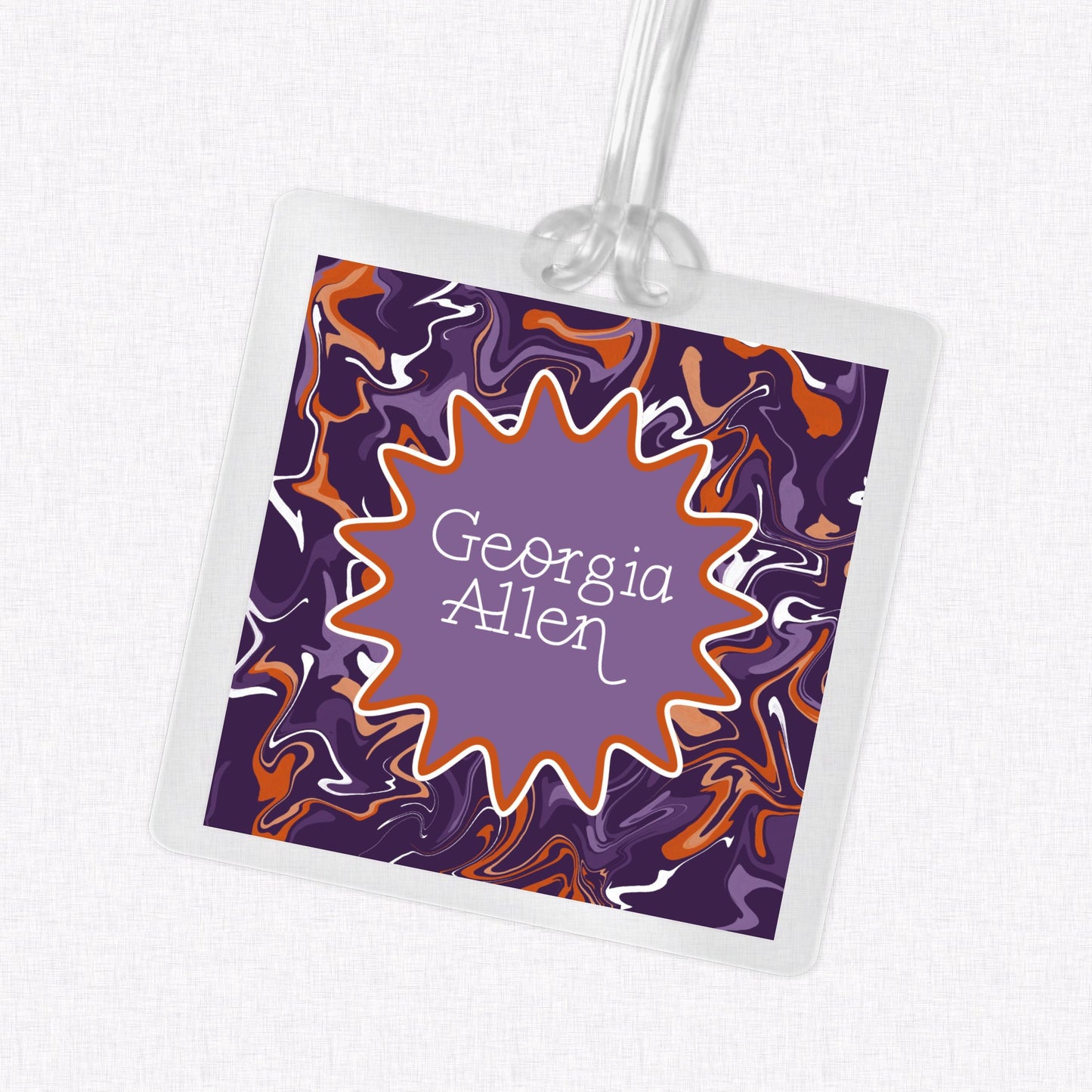 Purple and Orange Marble Bag Tag, Luggage Tag, Laminated Bag Tag