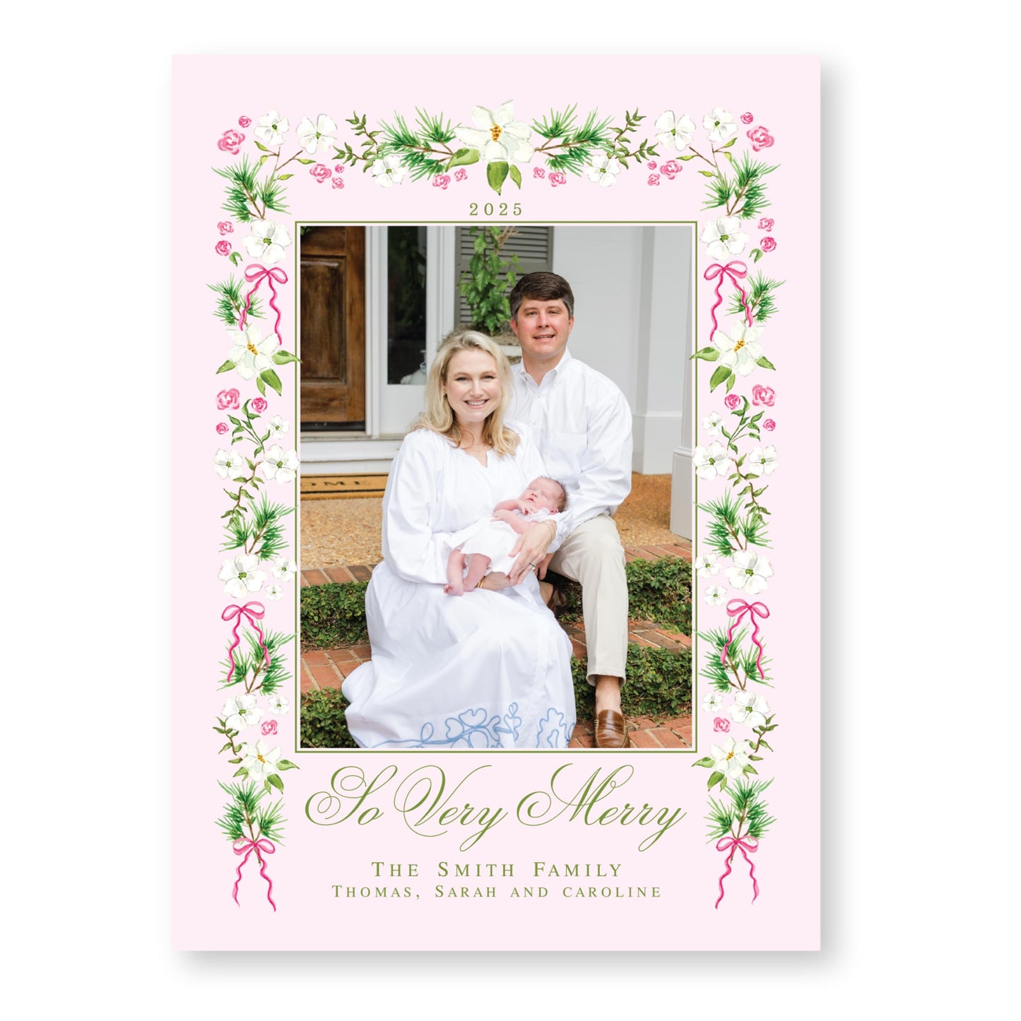 Merry Magnolias in Pink | 5x7 Holiday Photo Card with Envelope