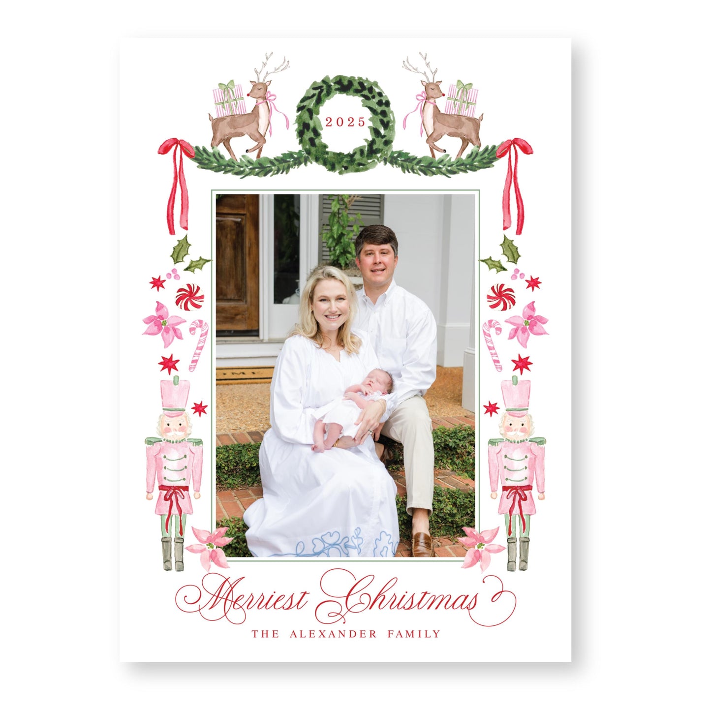 Exclusive Art | Reindeer, Nutcrackers and Ribbons Pink | 5x7 Holiday Photo Card with Envelope