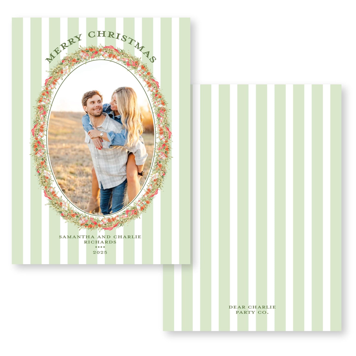 Pomander and Plaid Wreath Striped | 5x7 Holiday Photo Card with Envelope