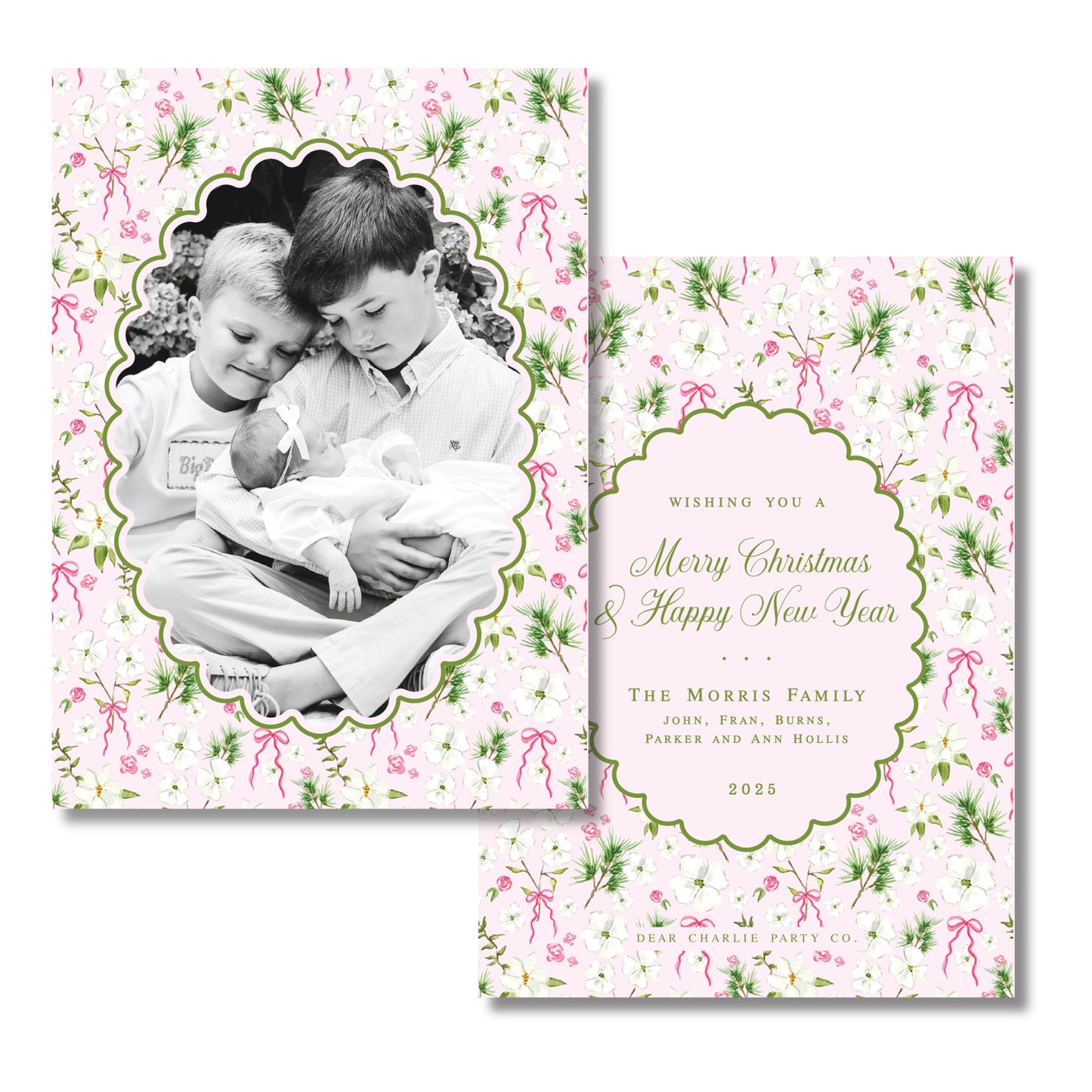 Merry Magnolias in Pink | 5x7 Holiday Photo Card with Envelope