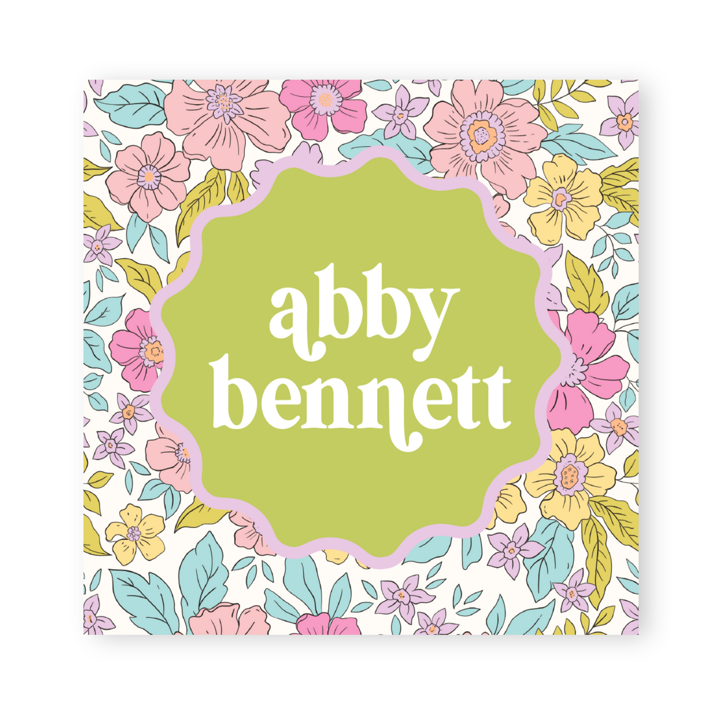 a card with the words aby bennet surrounded by flowers