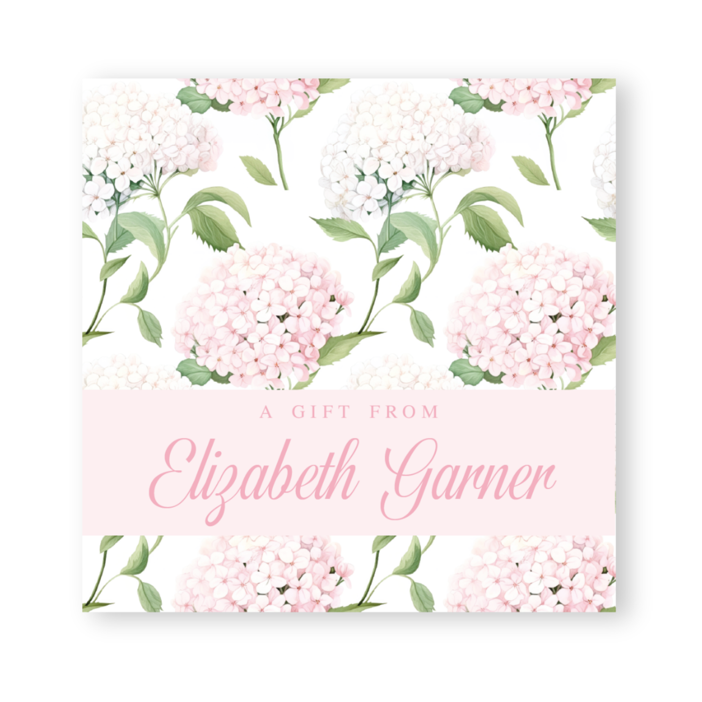 a gift card with pink flowers on a white background