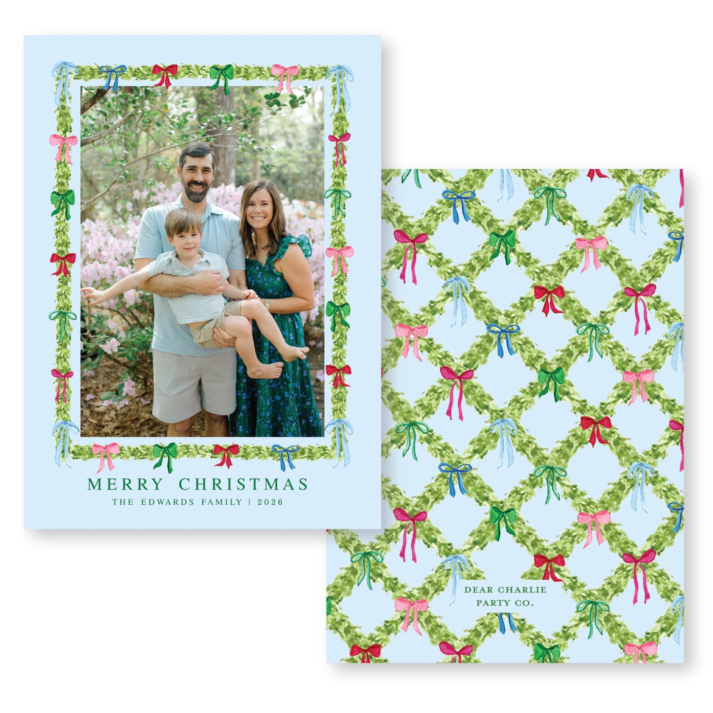 Decked in Bows Frame in Blue Card | 5x7 Holiday Photo Card with Envelope