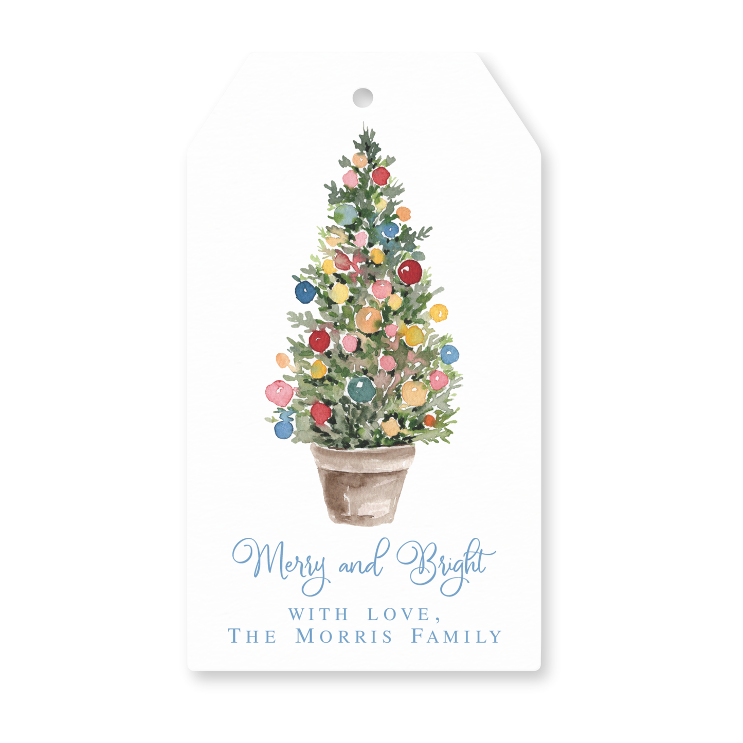a gift tag with a potted christmas tree on it