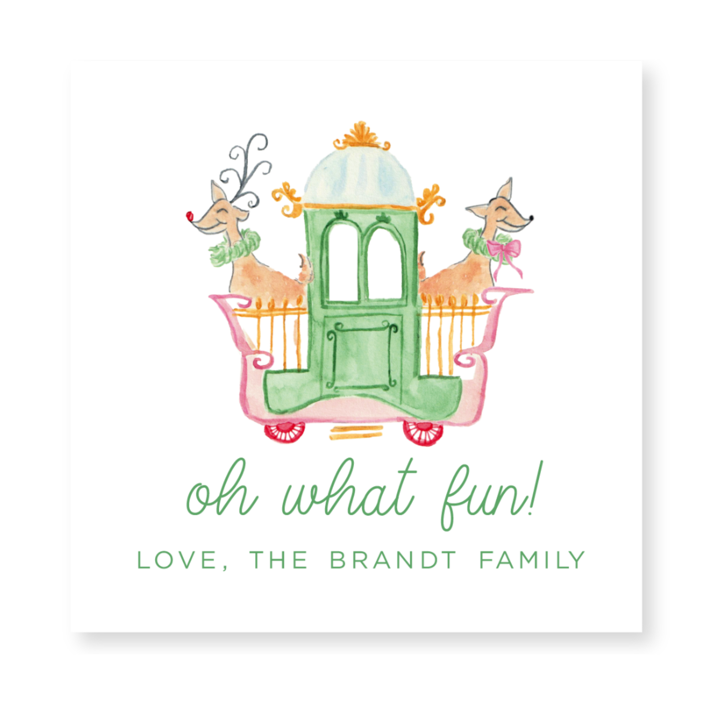 a card with a horse drawn carriage and the words oh what fun love, the
