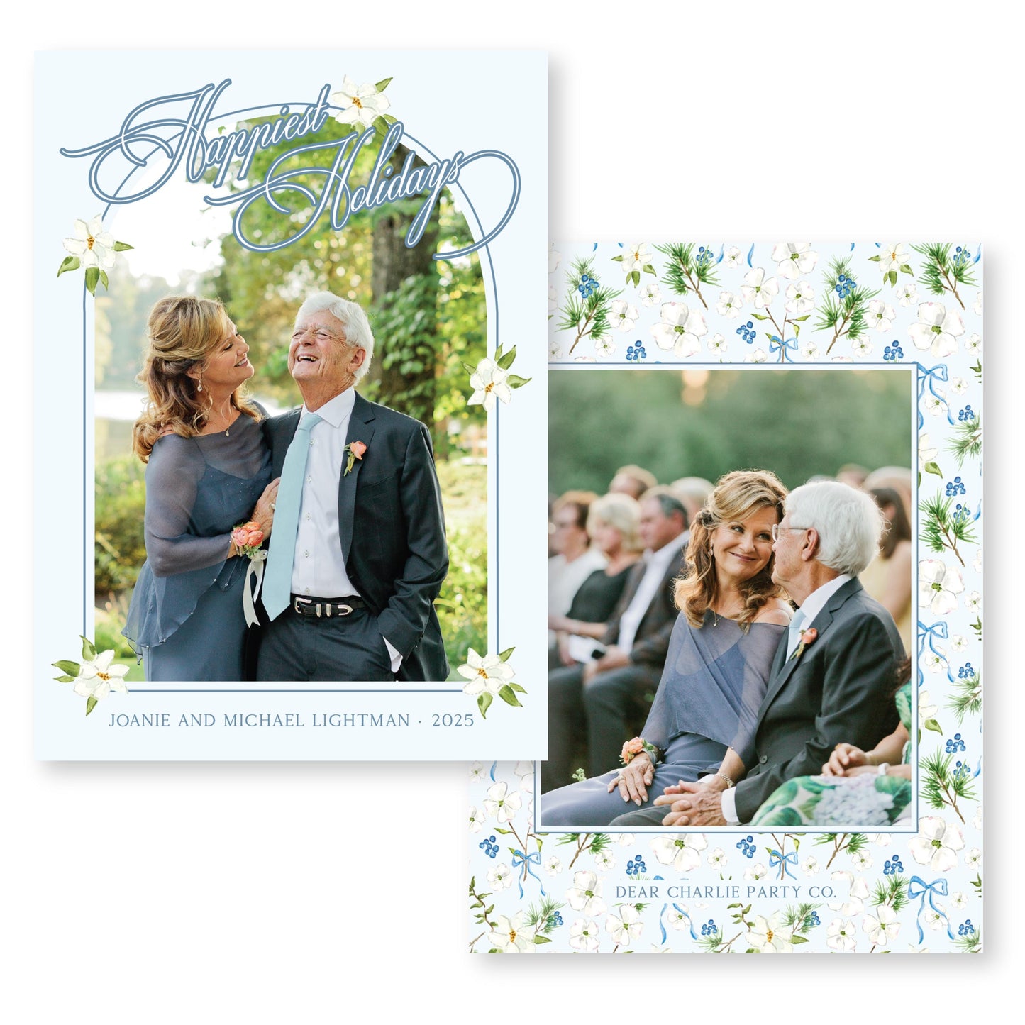 Merry Magnolias Arch in Blue, | 5x7 Holiday Photo Card with Envelope