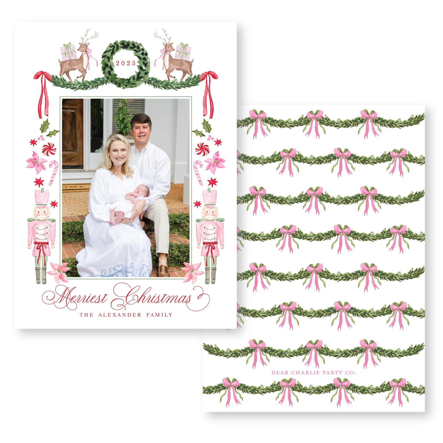Exclusive Art | Reindeer, Nutcrackers and Ribbons Pink | 5x7 Holiday Photo Card with Envelope