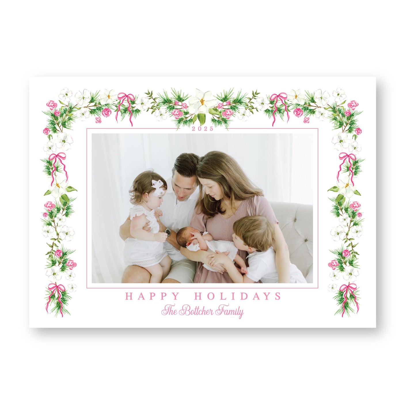 Merry Magnolias in Pink | 5x7 Holiday Photo Card with Envelope