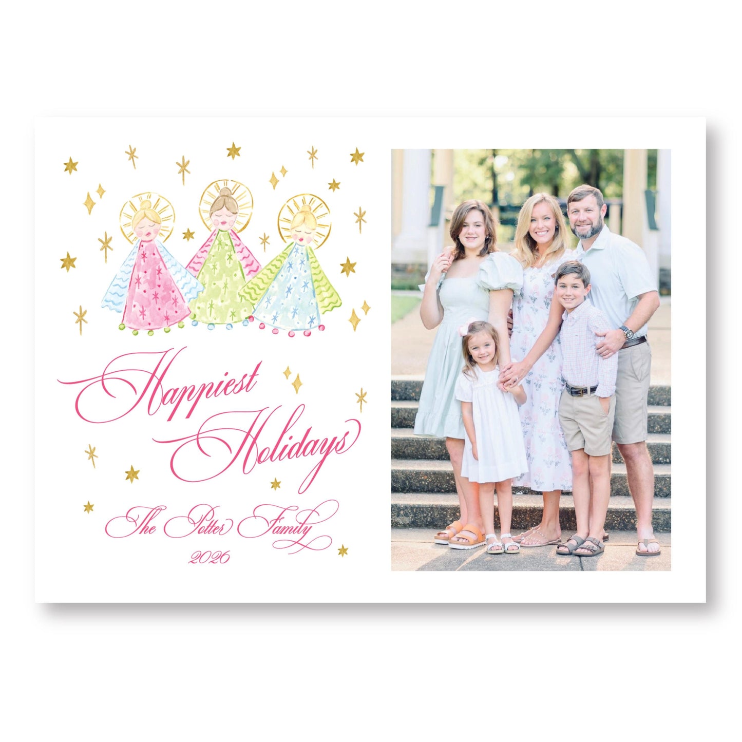 A family portrait of a group of people, including adults and children, posing together on a staircase. The text "Happiest Holidays" is written above the portrait, and "The Peters Family" is written below it.