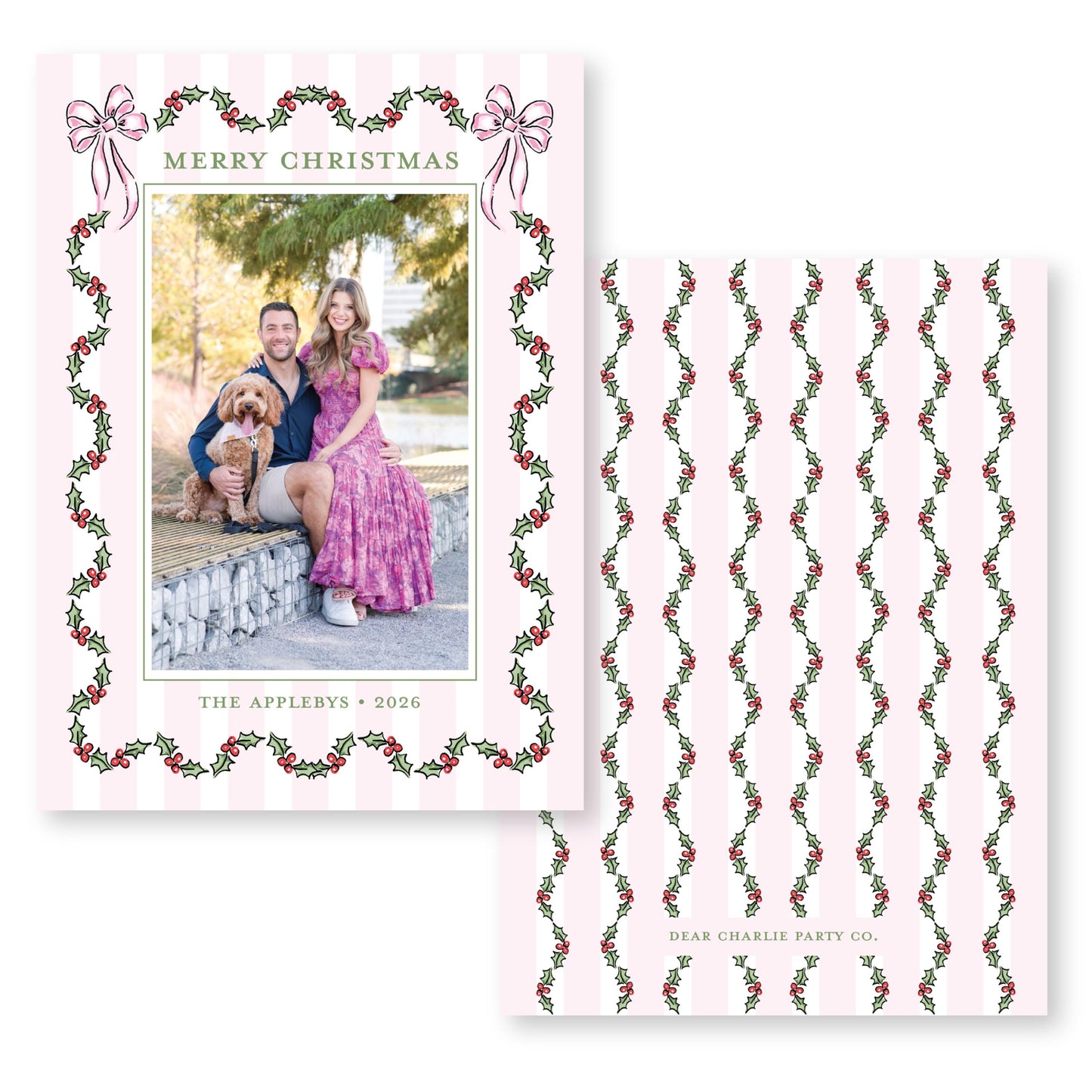 Holly Jolly Stripes in Pink | 5x7 Holiday Photo Card with Envelope