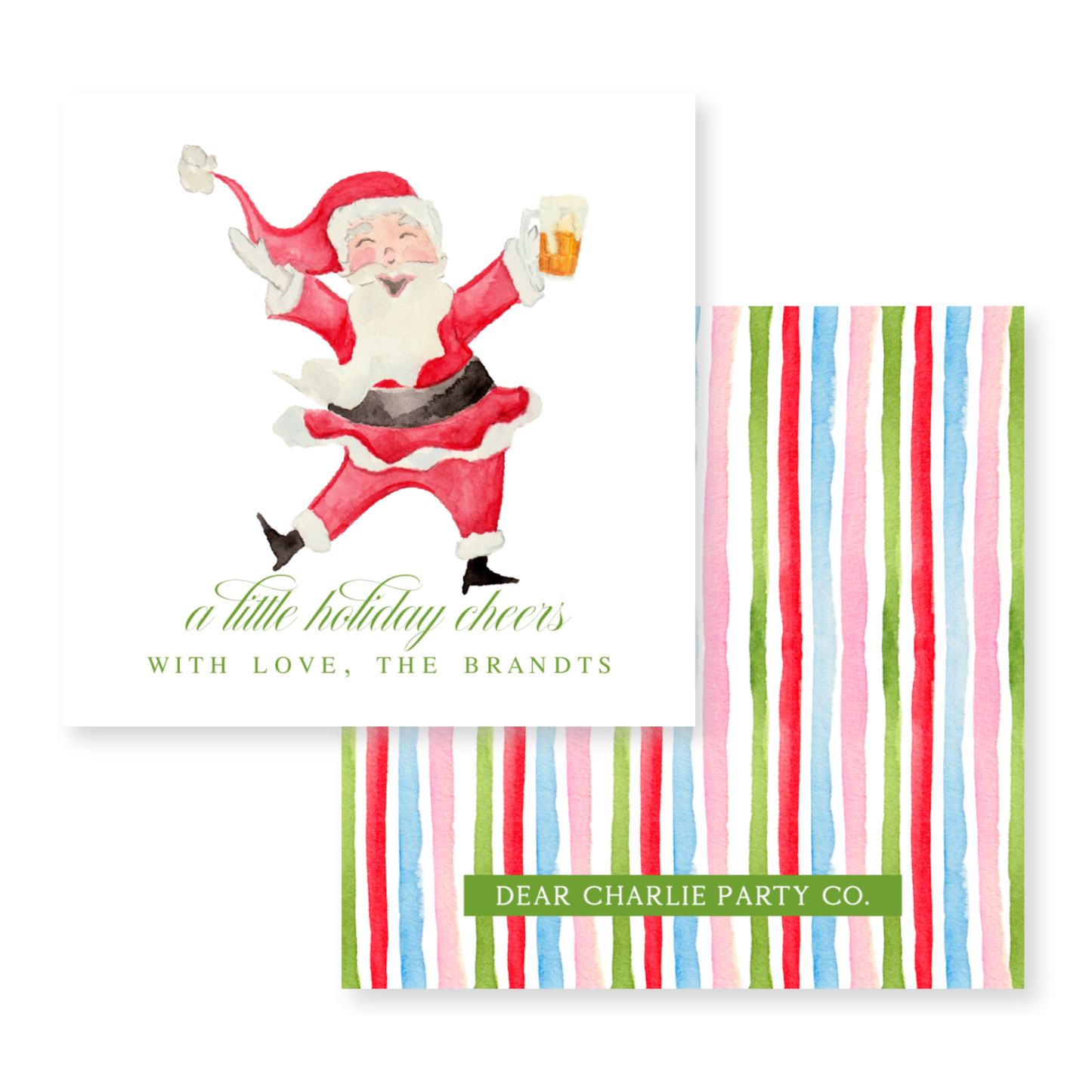 a christmas card with a santa clause holding a beer