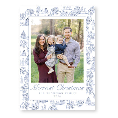 Holiday Toile Christmas Card in White and Blue | 5x7 Holiday Photo Card with Envelope