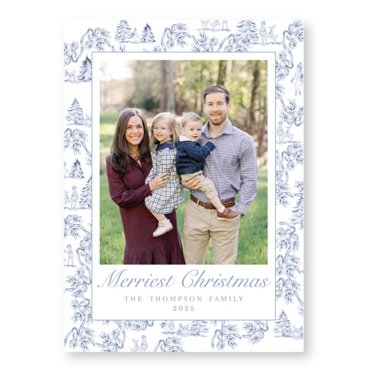 Holiday Toile Christmas Card in White and Blue | 5x7 Holiday Photo Card with Envelope
