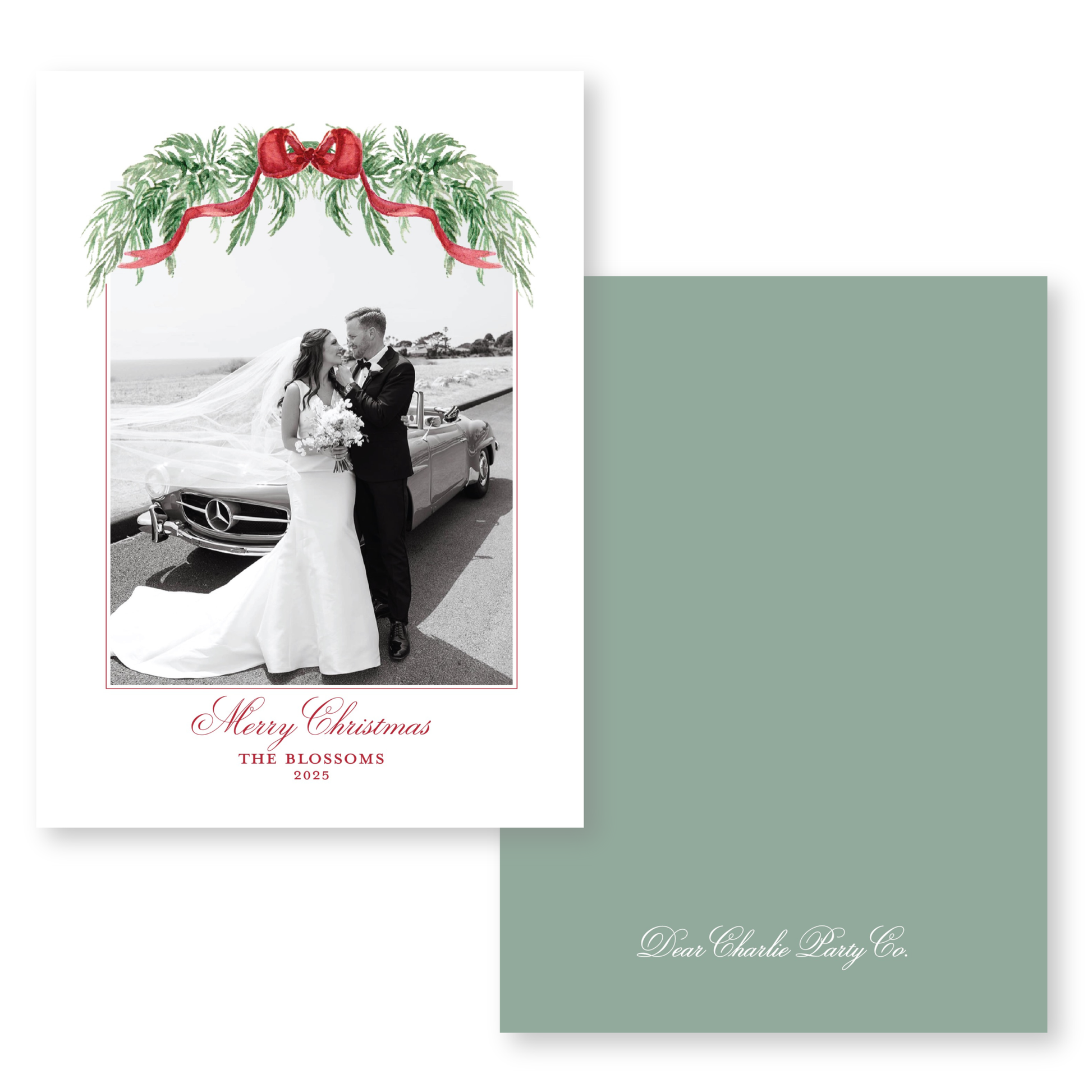A black and white photograph of a bride and groom standing next to a car, with a red ribbon and greenery decorating the frame. The text "Merry Christmas" and "THE BLOSSOMS" is visible, along with the year "2025".