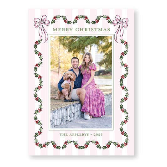 Holly Jolly Stripes in Pink | 5x7 Holiday Photo Card with Envelope
