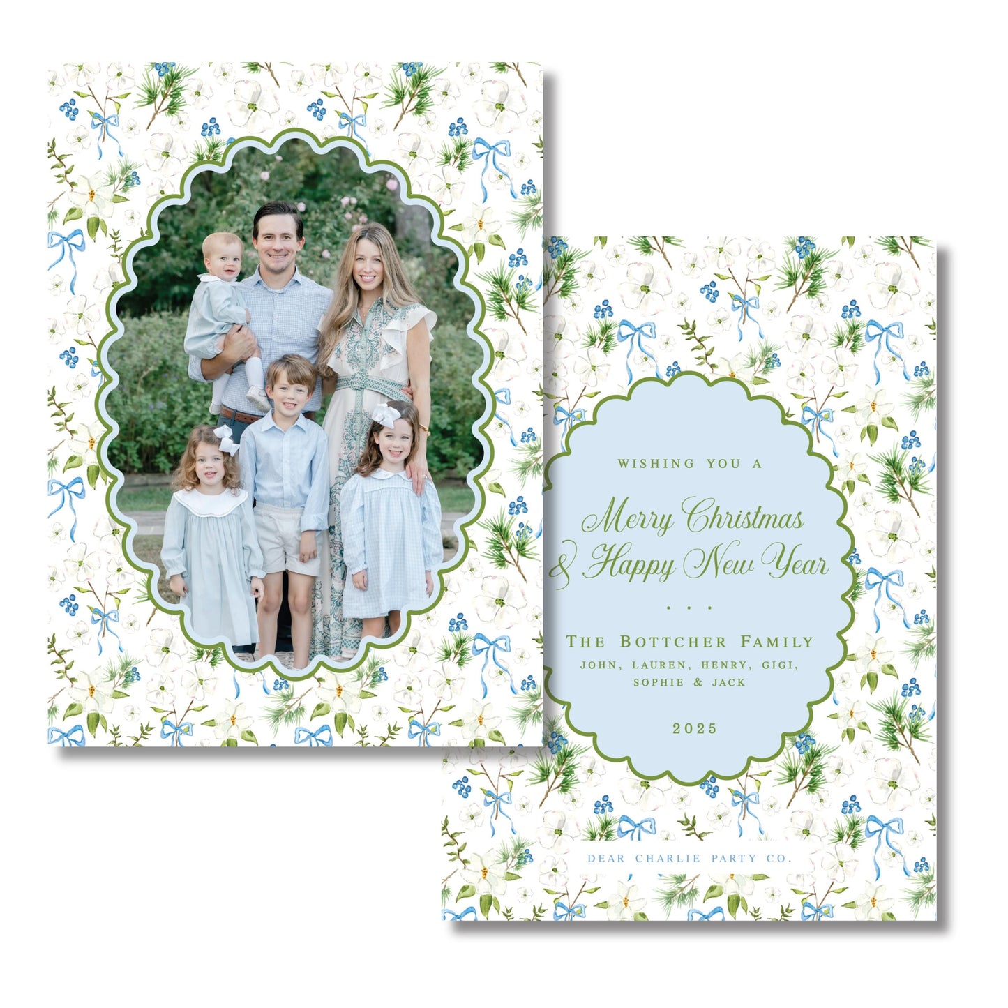 Merry Magnolias in Blue, Scalloped | 5x7 Holiday Photo Card with Envelope