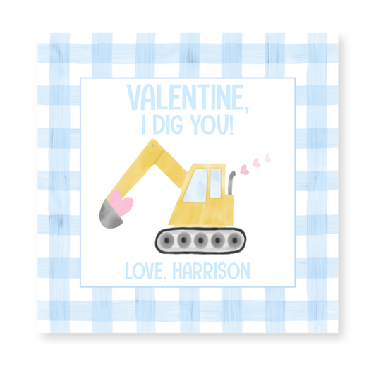 a card with a bulldozer on it says valentine, i dig you love