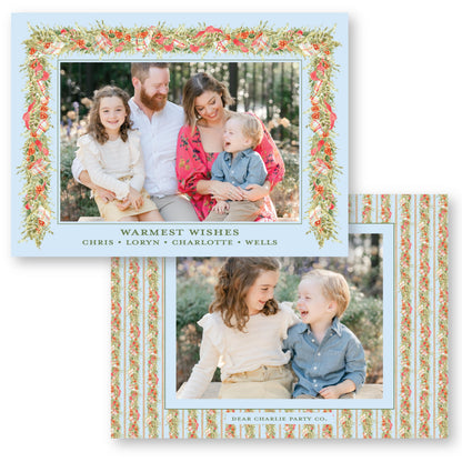 Pomander and Plaid Garland in Blue Horizontal | Holiday Photo Card
