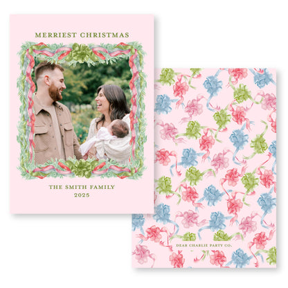 Velvet Trimmings Holiday Card in Pink | 5x7 Holiday Photo Card with Envelope
