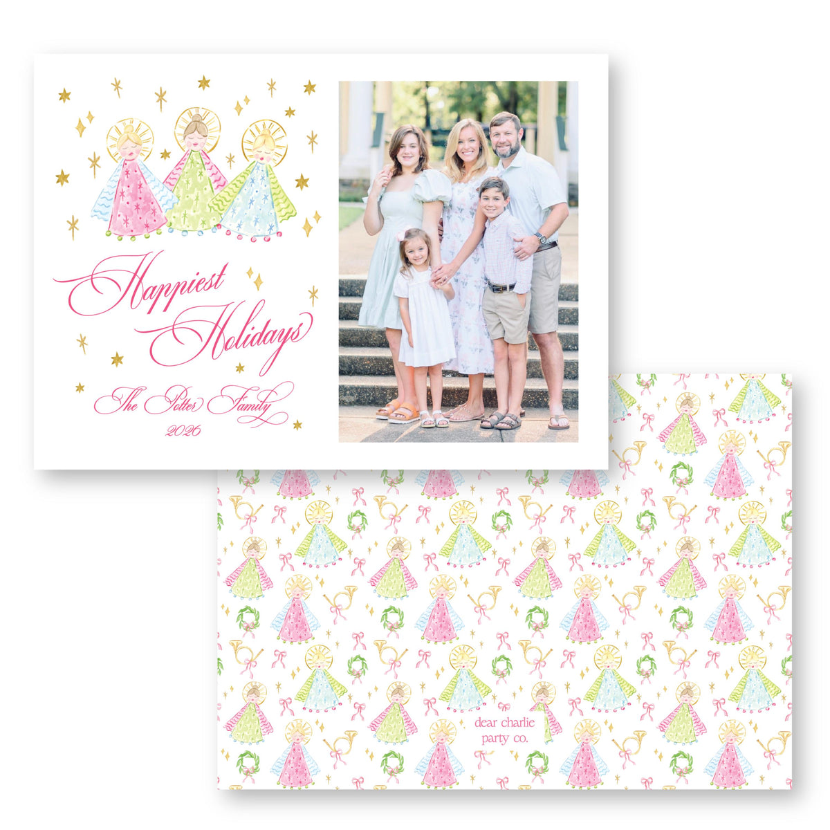 A family photo of a group of people, including adults and children, posing together for a holiday celebration. The photo is accompanied by a greeting card with a festive design featuring angels and Christmas trees.