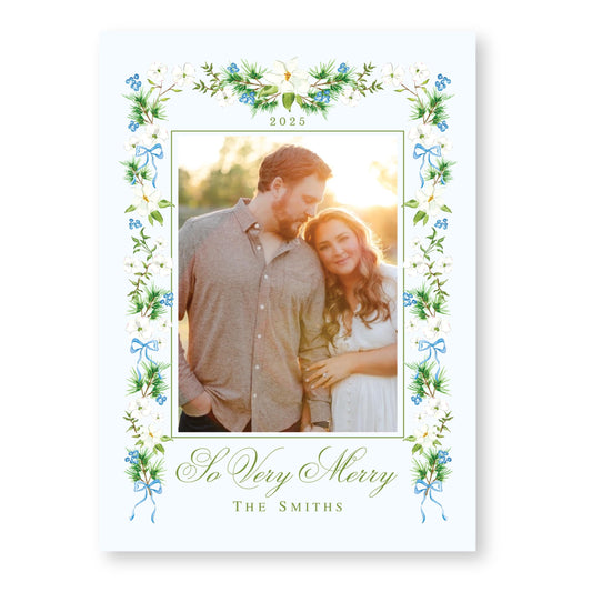 Merry Magnolias in Blue | 5x7 Holiday Photo Card with Envelope