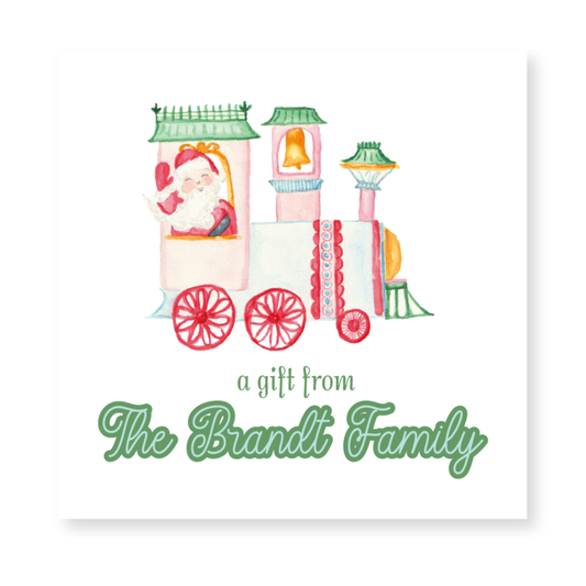 a christmas card with a santa clause riding a train