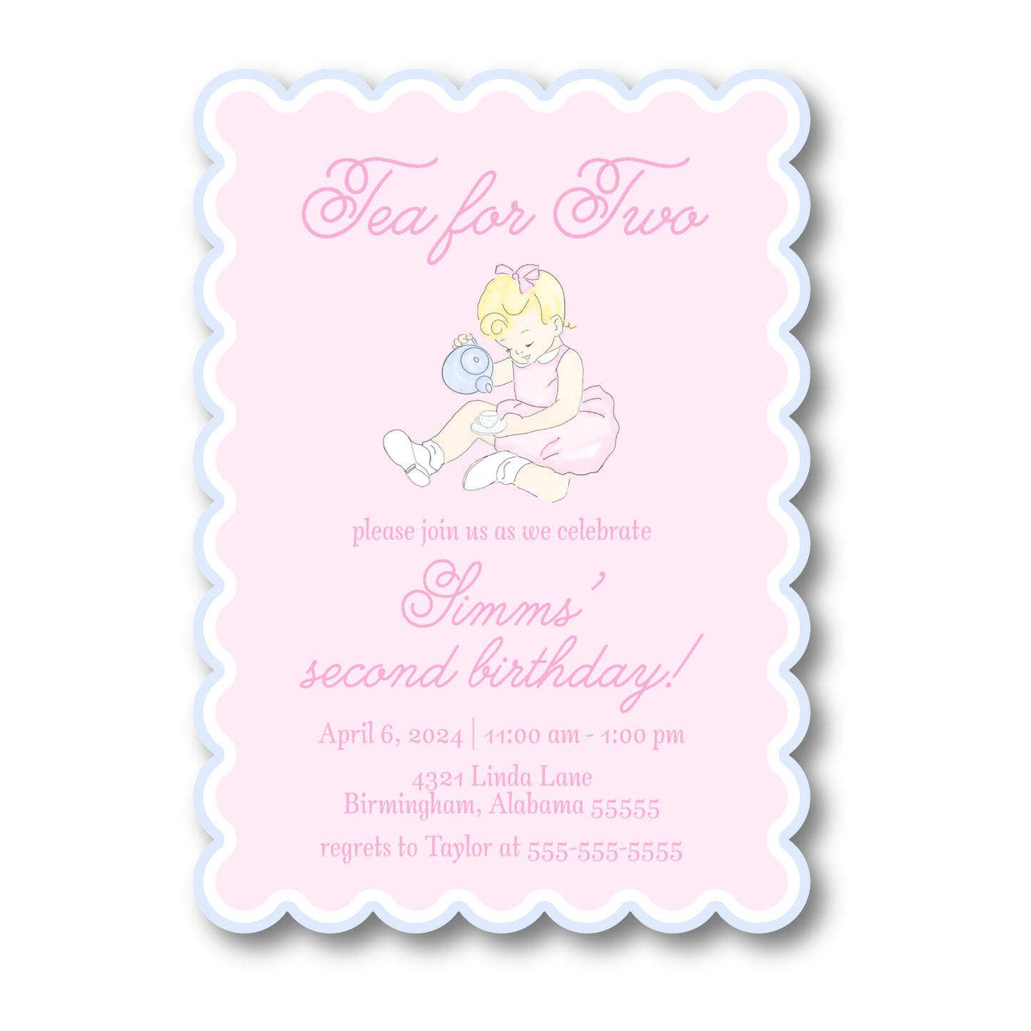 Scalloped Girl Tea Party Birthday Invitation