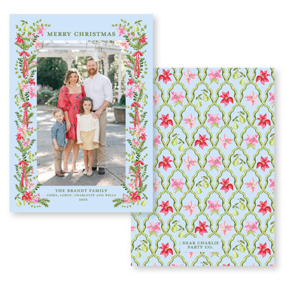 Petals and Pears Frame Card in Blue | 5x7 Holiday Photo Card with Envelope