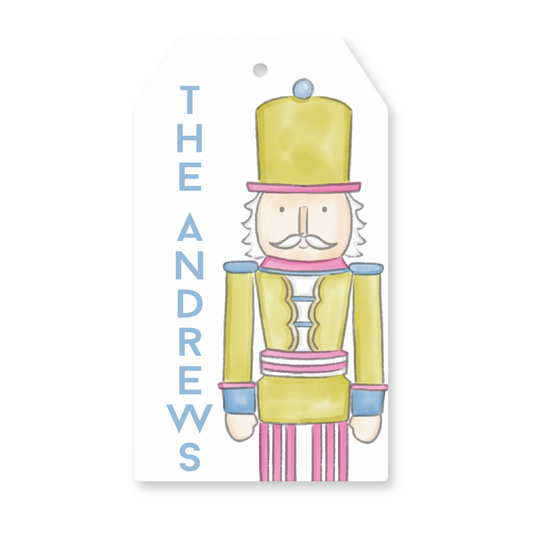 Nutcracker Gift Tag - Yellow Blue Holiday Gift Label With String | Dear Charlie Party Co.