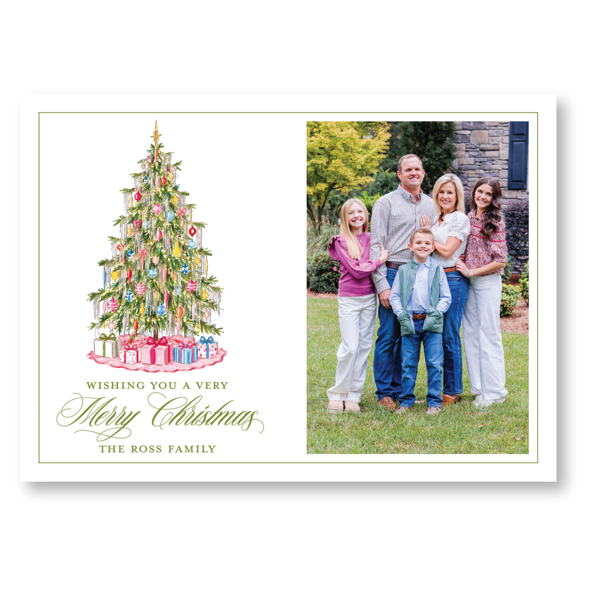 A family portrait of the Ross family, with a Christmas tree in the background and a message wishing them a very Merry Christmas.