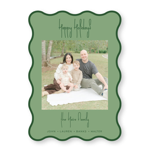 PRINTED Die Cut Holiday Card | Swirly Season in Green Wavy Card | 5x7 Holiday Photo Card with Envelope