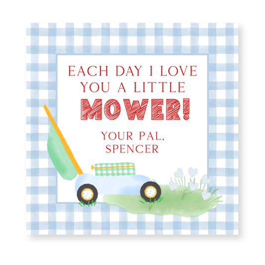 a card with a picture of a lawn mower