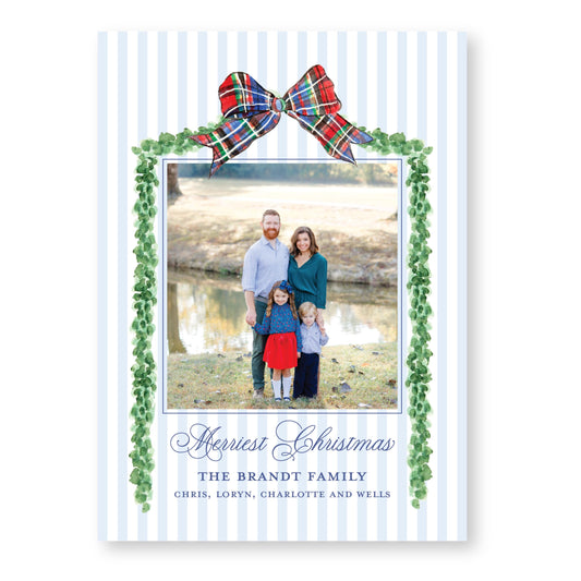 Boxwood and Bows Frame Holiday Card | 5x7 Holiday Photo Card with Envelope