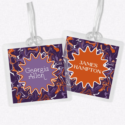 Purple and Orange Marble Bag Tag, Luggage Tag, Laminated Bag Tag
