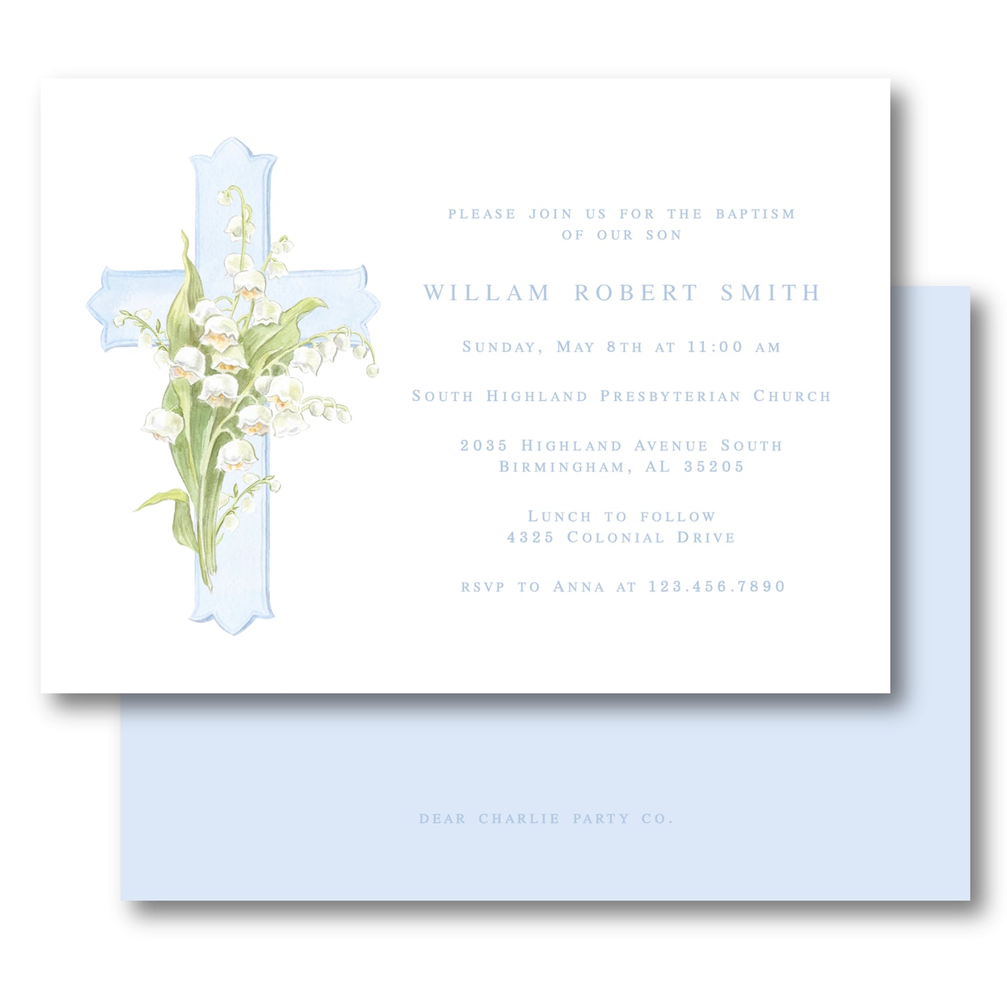 Lily Cross Baptism in Blue Invitation