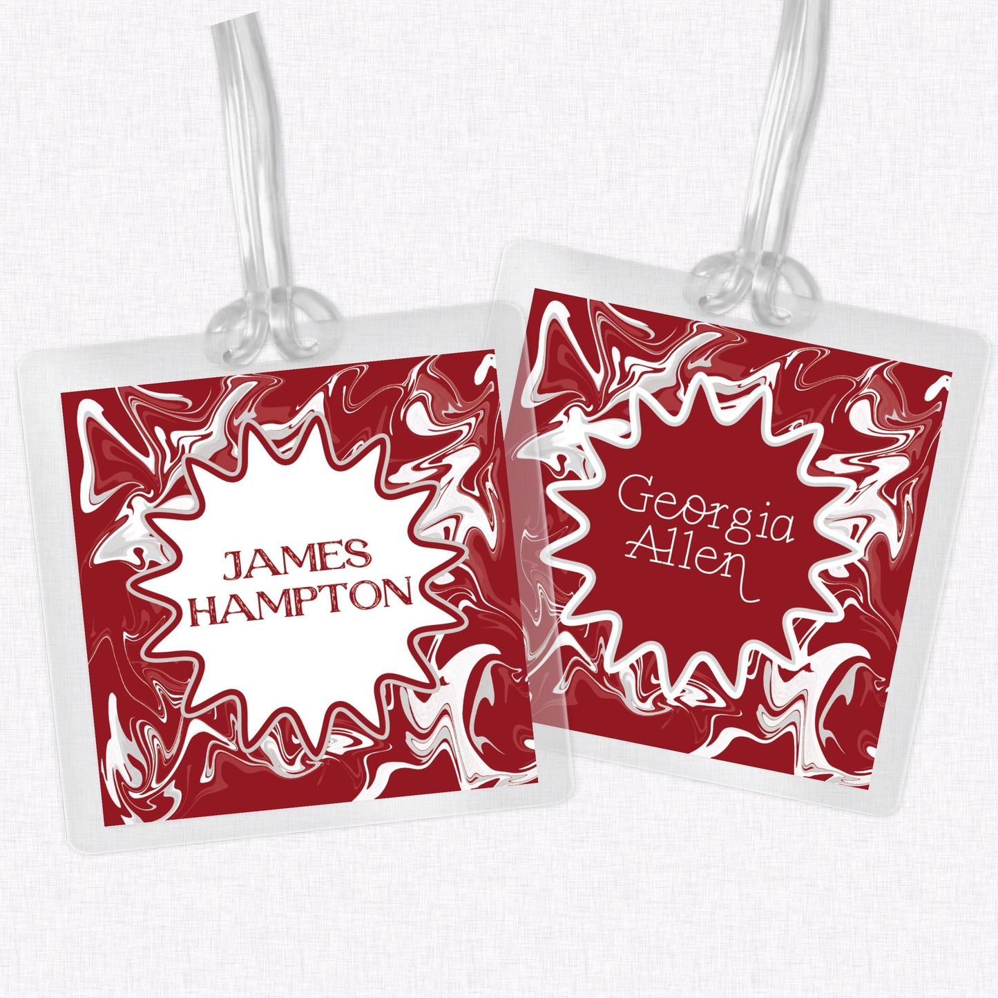 Crimson and White Marble Bag Tag, Luggage Tag, Laminated Bag Tag