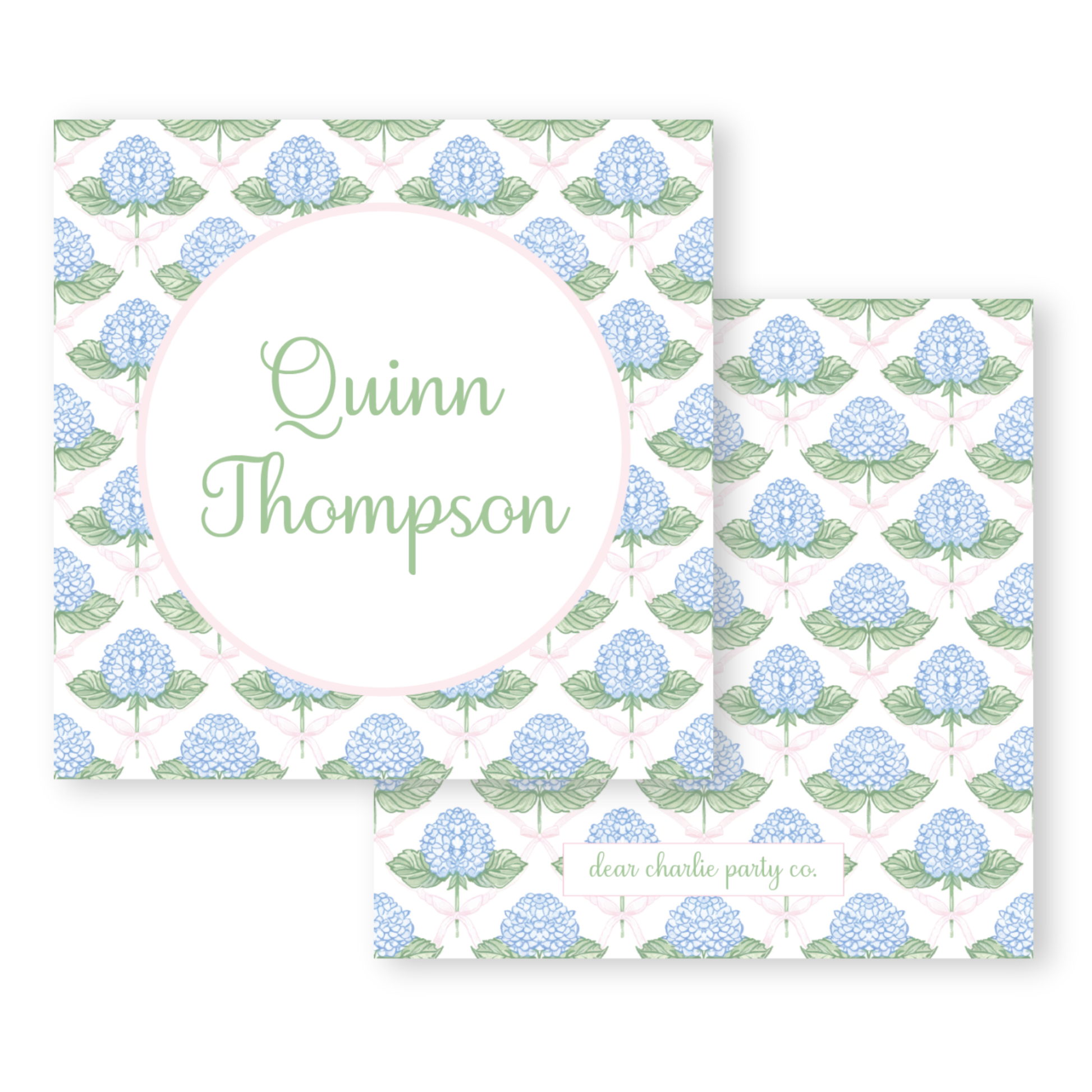 two cards with blue flowers and green leaves on them