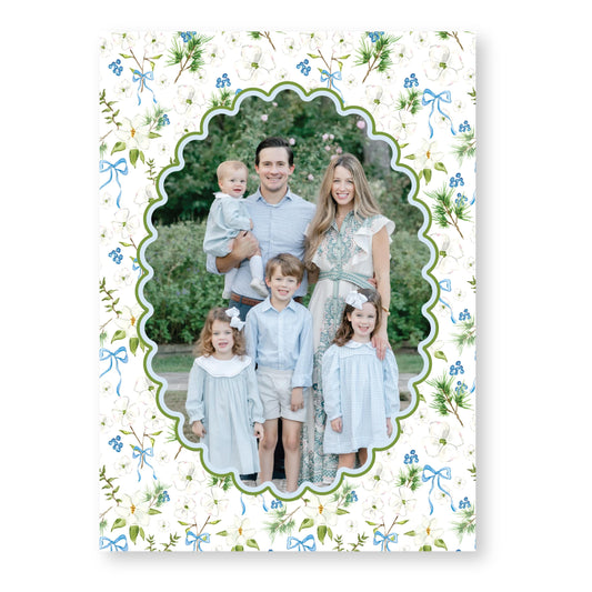 Merry Magnolias in Blue, Scalloped | 5x7 Holiday Photo Card with Envelope