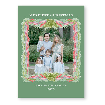 Velvet Trimmings Holiday Card in Green | 5x7 Holiday Photo Card with Envelope