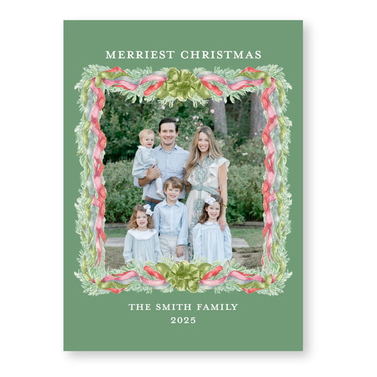 Velvet Trimmings Holiday Card in Green | 5x7 Holiday Photo Card with Envelope