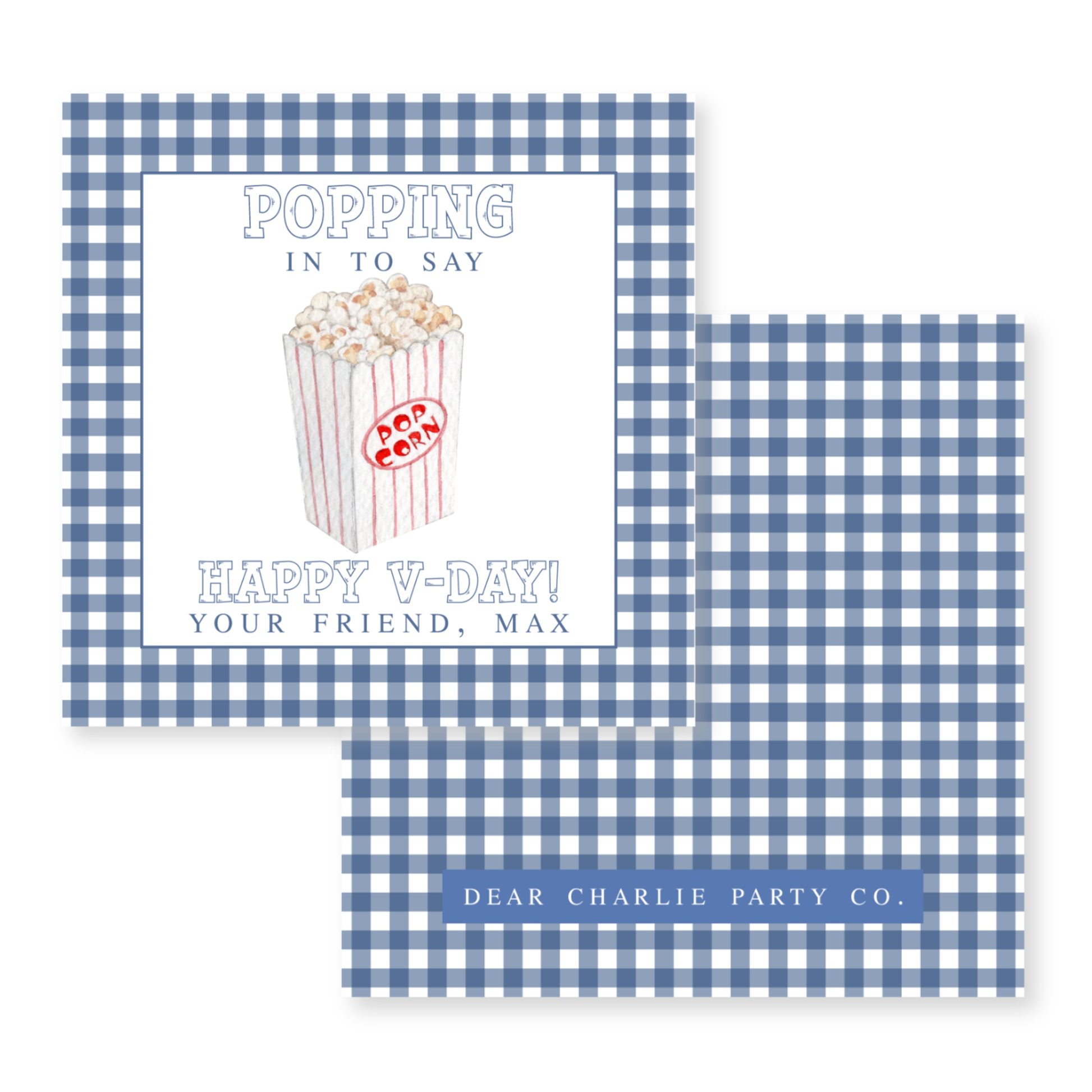 a blue and white checkered card with a popcorn box